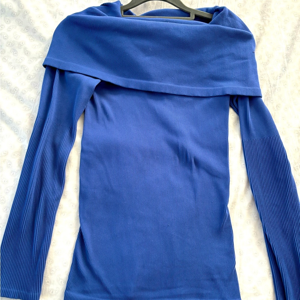 Cornflower sweater off the shoulder or cowl neck